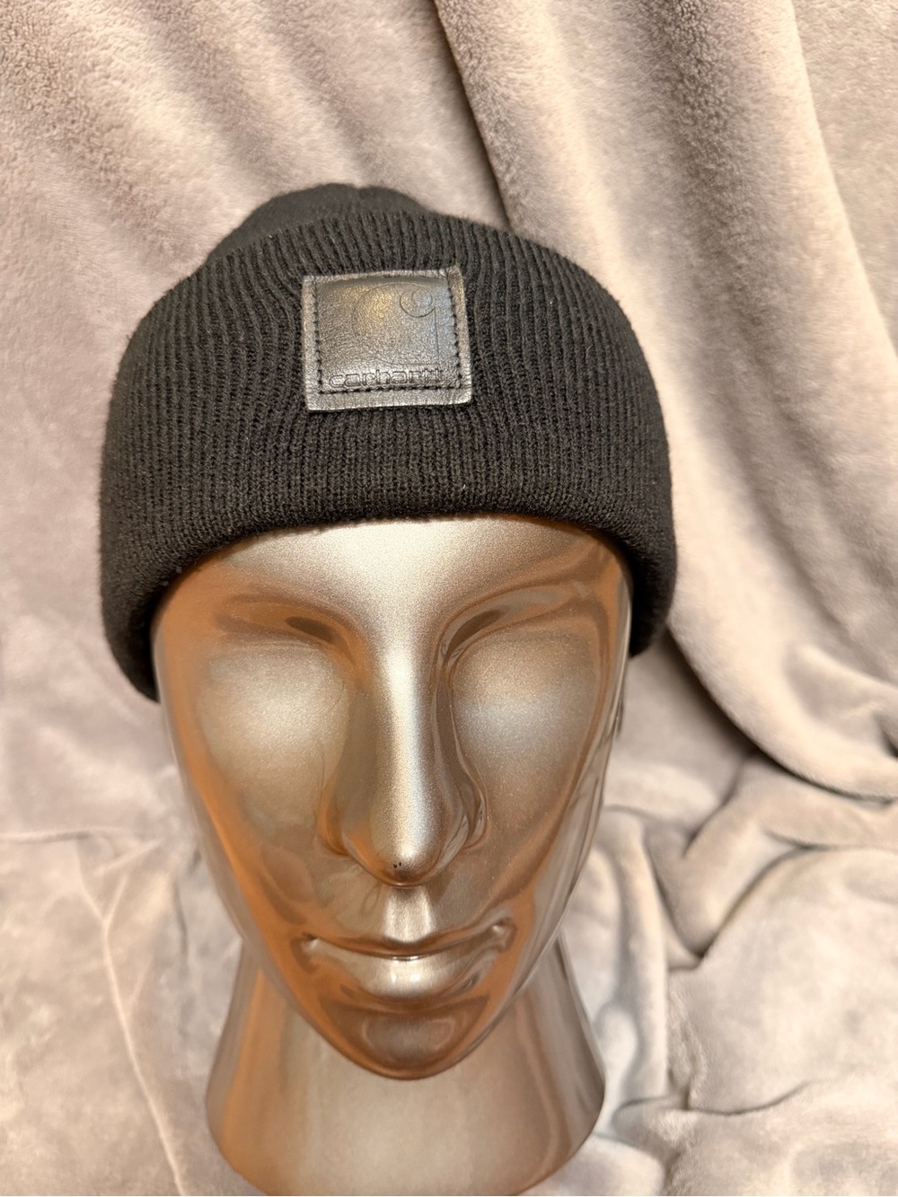 Carhartt Black Knit Beanie Hat with Leather Patch - Men Accessories Snow Winter